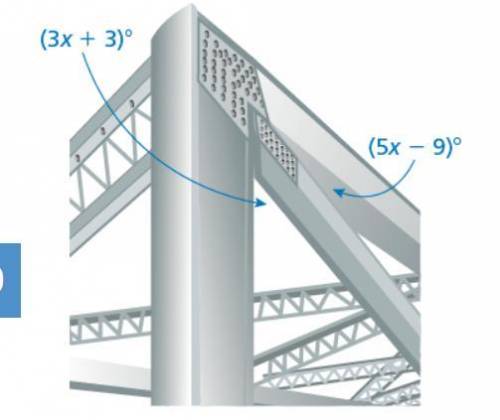 Three support beams for a bridge form a pair of complementary angles. Find the measure of each angl