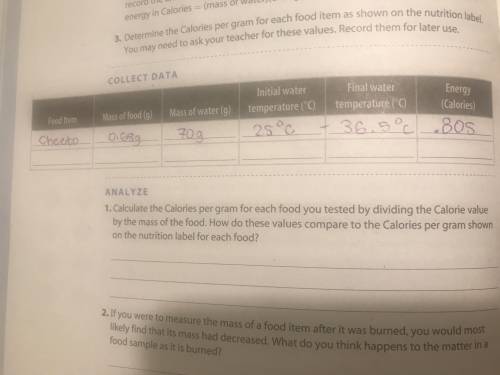 Calculate the calories per gram for each food you tested by dividing the calorie value find the mas