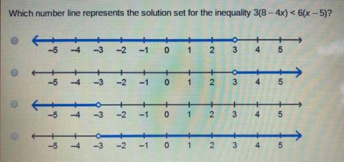 Which number line represents the solution set for the inequality 3(8-4x) <6(x-5)?