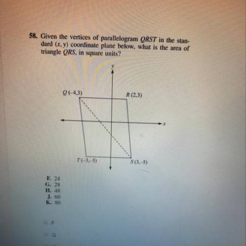 58. Given the vertices of parallelogram QRST in the standard (x, y) coordinate plane below, what is
