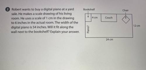 Robert wants to buy a digital piano at a yard

sale. He makes a scale drawing of his living
room.