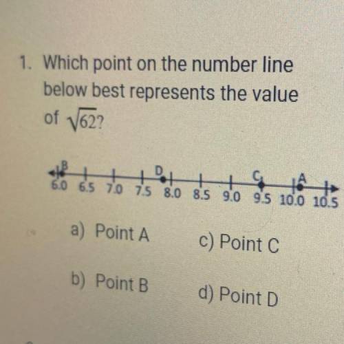 1. Which point on the number line

below best represents the value
of V62?
+ ++
6.0 65 70 75 8.0 8