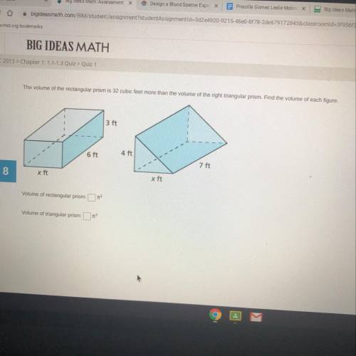The volume of the rectangular prism is 32 cubic feet more than the volume of the right triangular p