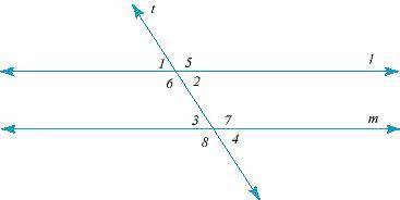 Lines l and m are parallel. If the m∠1 = 45 degrees, which of the following angles does not measure