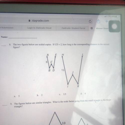 8. The two figures below are scaled copies. If CD = 2, how long is the corresponding distance in th