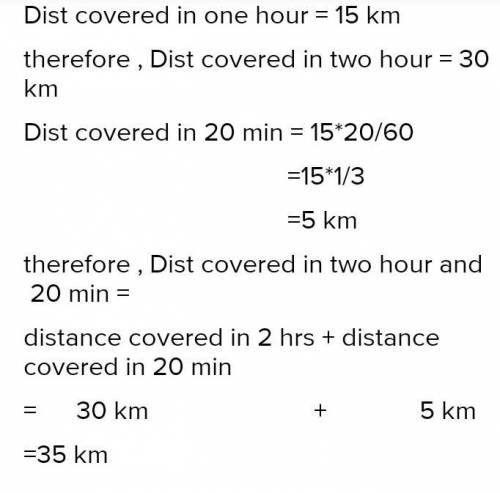A cyclist travels at an average

speed of 15km p.h. How far does hetravels in 2 hours 20 minutes.(a