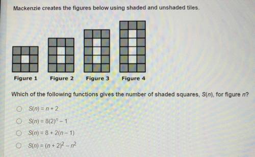 Mackenzie creates the figures below using shaded and unshaded tiles.

Which of the following funct