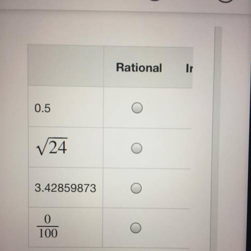 Is each number rational or
irrational ?
Select Rational or Irrational for
each numbers