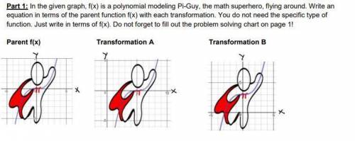 In the given graph, f(x) is a polynomial modeling Pi-Guy, the math superhero, flying around. Write