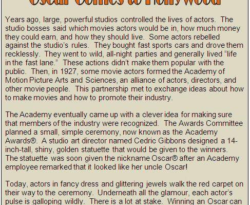 Which descriptive phrase in the passage helped you visualize what the Oscar award looks like? PLEAS