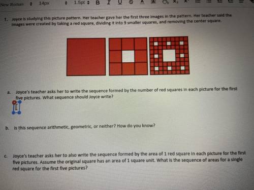 Joyce’s teacher asks her to write the sequence formed by the number of red squares in each picture