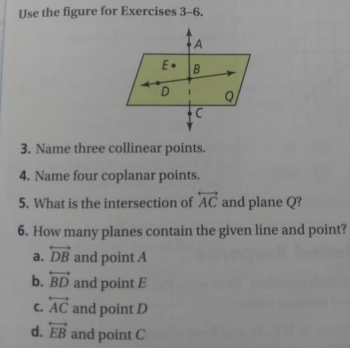 1 name three collinear points 2 name four coplanar points 3 what is the intersection 4 how many pla