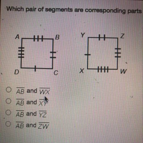 Which pair of segments are corresponding parts of the congruent quadrilaterals that are pictured be
