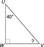 What is the measure of ∠UVW in the triangle shown? Question 15 options: A) 50° B) 60° C) 10° D) 140