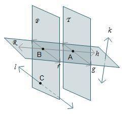 The diagram shows several planes, lines, and points.

Which statement is true about line h?Line h