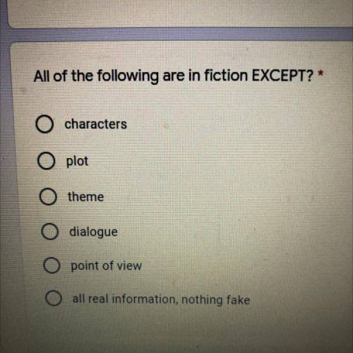 All of the following are in fiction EXCEPT?*

characters
plot
theme
dialogue
point of view
all rea