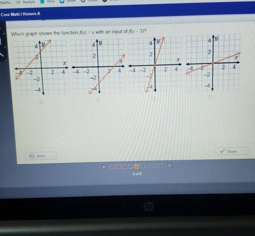 Which graph shows the function f(x)=x with an input of (f(x-3)please help me asap!!