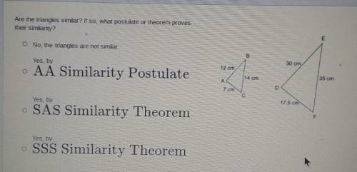 Are the triangles similar? If so, what postulate or theorem proves their similarity? O No, the tria