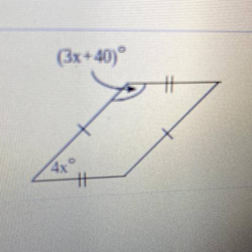 Find the value of x. (Hint: The sum of the angle measures of a quadrilateral is 360degrees° .) Plea
