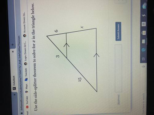 Use the side splitter theorem to solve for x in the triangle below.