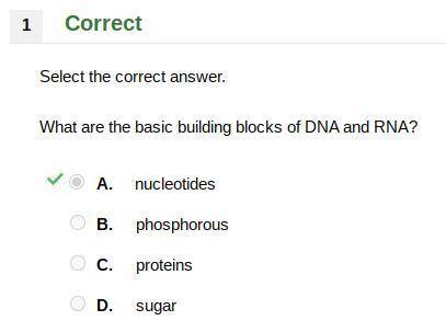 Select the correct answer.

What are the basic building blocks of DNA and RNA?
A. nucleotides
B. p