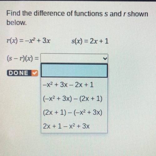 Find the difference of functions s and r shown

below.
r(x) = -R2+ 3.2
s(x) = 2x + 1
(s – r)(x) =