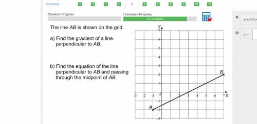 PLEASE HELP! The line AB is shown on the grid. A) find the gradient of a line perpendicular to AB .