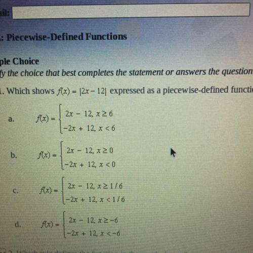 Which shows f(x)=2x - 12| expressed as a piecewise-defined function?