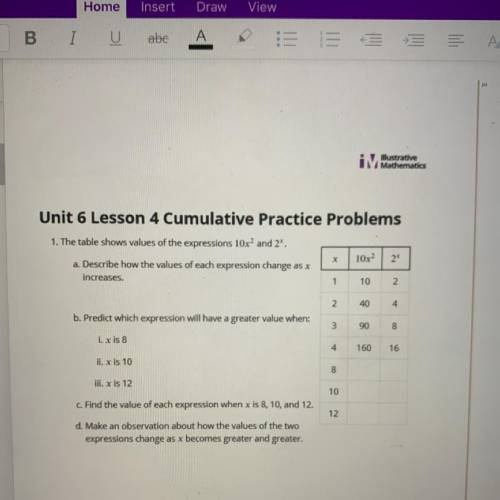 Dra...

Unit 6 Lesson 4 Cumulative Practice Problems
1. The table shows values of the expressions