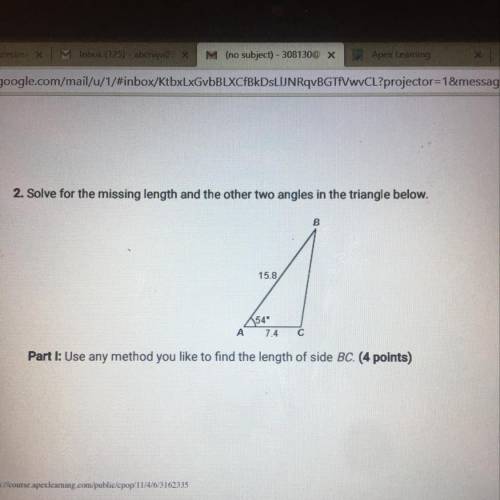 Solve for the missing length and the other two angles in the triangle below.

PART 1
Use any metho