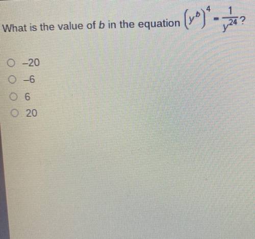 What is the value of b in the equation (y^b)^4 = 1/y^24 ?

y24
A. -20
B. -6
C. 6
D. 20