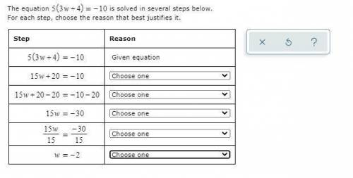 The equation 5(3w+4)=-10 is solved in several steps below.

For each step, choose the reason that