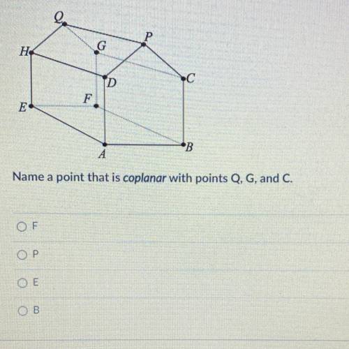 Name a point that is coplanar with points Q, G, and C. Can someone help me