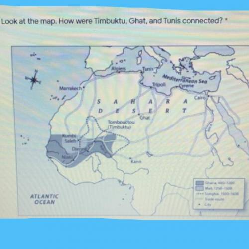 Look at the map. How were Timbuktu, Ghat, and Tunis connected