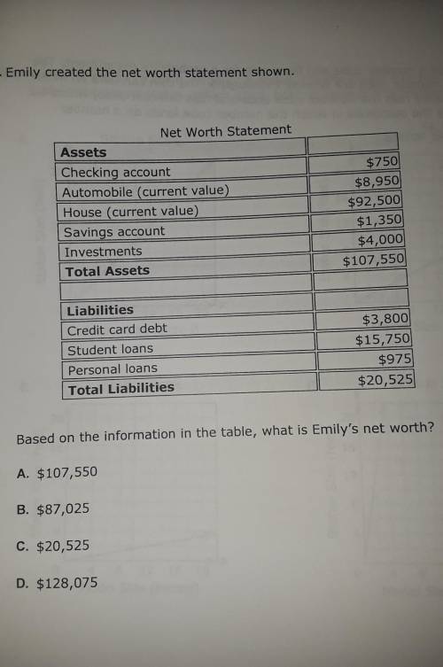 emily created the net worth statement shown. Based on the Information in the table, what is emilys