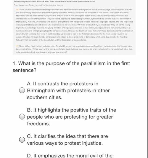 1. What is the purpose of the parallelism in the first sentence?

A. It contrasts the protesters i