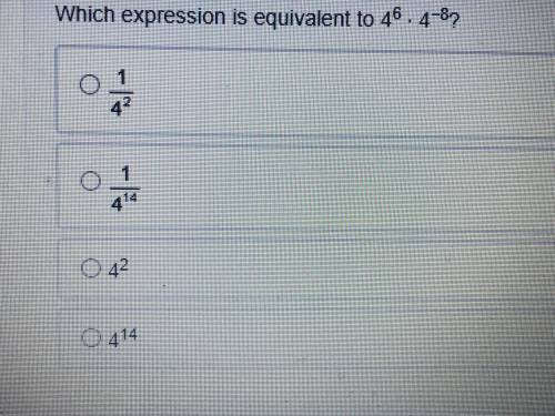 Which expression is equivalent to 4 power to 6 times 4 power to -8