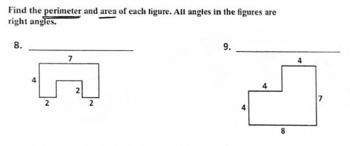 I need help with numbers 8 and 9...

I need to use these formulas for it...
Perimeter =2(b+h)
Area