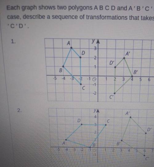 Each graph shows two polygon's A B C D and A' B' C' D in each case, describe a sequence of transfor