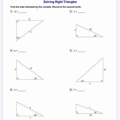 Solving Right Triangles Worksheet plz help me asap it’s due today