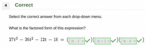 What is the factored form of this expression?

27t^3 - 36t^2 - 12t - 16 = (_____)(_____)(_____)
An