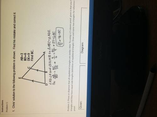 Chris’s solution to the following problem is shown Find his mistake and correct it. AB=3 BD=6 DE=9