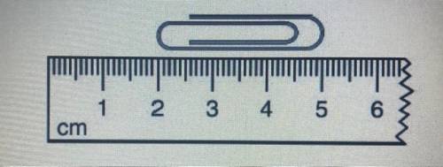 Use the picture to answer the question. What is the length of the paperclip to the nearest centimet