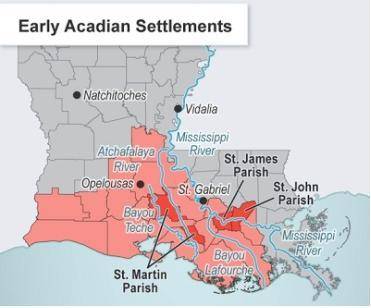 The map shows early Acadian settlements.

According to the map, most early Acadians settled in whi