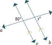 Two parallel lines are crossed by a transversal.

What is the value of y?
y = 40
y = 80
y = 100
y