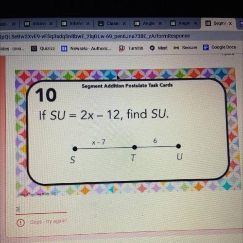 If SU = 2x – 12, find SU.