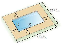 A pool measuring 12 meters by 30 meters is surrounded by a path of uniform width, as shown in the