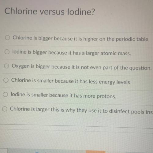 Which of the following is bigger or smaller and why? Chlorine versus Iodine.