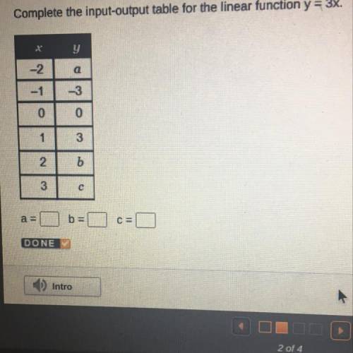 Complete the input-output table for the linear function y = 3x.

y
-2
a
-3
0
0
1
3
2
b
3
с