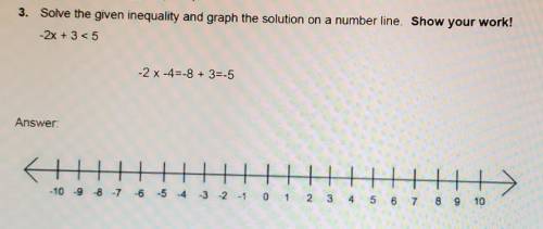 Solve the given inequality and graph the solution on a numver line. Show your work! -2x + 3 < 5